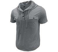 MEDUOLA Men Short Sleeve Hoodie Hooded Shirt with Pocket Workout Gym Pullover Button Lightweight Athletic Sport Hoodys Sweatshirt L,Light grey