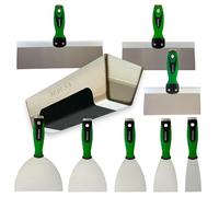 Medusa's Flexible Stainless Steel Drywall Taping Knife Set with 12" Mud Pan and Grip, Strong Flexible Putty Blades, 8 10 and 12" Coating Blades with Curved Handles Contoured to the Palm of Your Hand