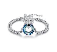 MEDWISE Wolf Bracelet 925 Sterling Silver Crystal Bracelet Wolf Animal Hypoallergenic Jewellery for Unisex Mens Womens Girlfriend Lover Party Birthday Gifts 7.5+2 Inches