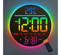 Mee 2ou 10" Digital Wall Clock With Night Light, Alarm, Remote Control, 11 RGB Color Auto-Brightness, Temperature, Date And Day, Modern Electric LED Wall Clock for Bedroom, Living Room