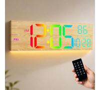 Mee 2ou 16.5'' Large Digital Wall Clock with Night Light, Remote Control, Alarm, LED Display, RGB Colors, Auto DST & Temperature for Classroom, Bedroom, Office,White Wood