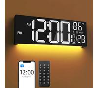 Mee 2ou 16.5" Large LED Digital Wall Clock with Bluetooth Sync, Night Light, Dimming, 2 Alarms, RGB Color, Temperature, Remote Control, 12/24H, Timer for Living Room, Bedroom, Gym, Office