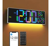 Mee 2ou 16.5" Large LED Digital Wall Clock with Bluetooth Sync, Night Light, Dimming, 2 Alarms, RGB Color, Temperature, Remote Control, 12/24H, Timer for Living Room, Bedroom, Gym, Office