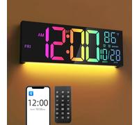 Mee 2ou 16.5" Large LED Digital Wall Clock with Bluetooth Sync, Night Light, Dimming, 2 Alarms, RGB Color, Temperature, Remote Control, 12/24H, Timer for Living Room, Bedroom, Gym, Office