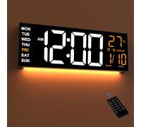 Mee 2ou 16.5" Large LED Wall Clock with Night Light, Auto Dimming, 2 Alarms, 8 RGB Color, Temperature Display, Remote Control, 12/24H, Countdown Timer for Living Room, Bedroom, Desk, Gift for Elderly