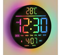 Mee 2ou Digital Wall Clock - 25cm/10 11 RGB Color Auto-Brightness, Temperature, Date And Day, Auto DST, Night Light Non-Ticking Modern Electric LED Wall Clock for Bedroom, Living Room