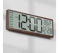 Mee 2ou Digital Wood Wall Clock with Battery Operated, 15" Digital Clock Large Display with Date and Day of Week, Large Number with Temperature, Auto DST, Alarm, Snooze, 12/24-hour for Desk Office