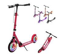 MEE GOO Foldable Kick Scooter for Kids & Teens with Shock Absorption, Adjustable Handlebar Height, LED Light, Dual Brakes (Hand + Rear), 8" Wheels, Non-Slip Deck, Up to 100kg（220lbs） (Red)