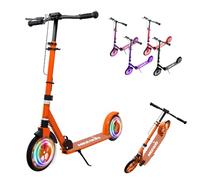 MEE GOO Foldable Kick Scooter for Kids & Teens with Shock Absorption, Adjustable Handlebar Height, LED Light, Dual Brakes (Hand + Rear), 8" Wheels, Non-Slip Deck, Up to 100kg（220lbs） (Orange)
