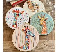 Meecaa 4P Animal Giraffe Animal Embroidery Kit Starter Set, Hand Embroidery Set,Pattern Printed Cross Stitch Set for Beginner Adults, with Embroidery Hoop and Instructions (Animal)