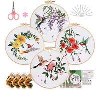 Meecaa 4P Bird Hummingbird Flower Embroidery Kit Starter Set, Hand Embroidery Set,Pattern Printed Cross Stitch Set for Beginner Adults, with Embroidery Hoop and Instructions (Bird)