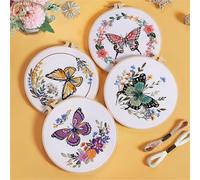 Meecaa 4P Butterfly Fower Animal Embroidery Kit Starter Set, Hand Embroidery Set,Pattern Printed Cross Stitch Set for Beginner Adults, with Embroidery Hoop and Instructions (Butterfly 1)