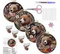 Meecaa 4P Embroidery Kit Starter Set, Brown Bear Animal Flower Hand Embroidery Set, Pattern Printed Cross Stitch Set for Beginner Adults, with Embroidery Hoop and Instructions (Brown Bear)