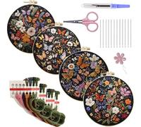 Meecaa 4P Embroidery Kit Starter Set, Butterfly Flower Animal Hand Embroidery Set, Pattern Printed Cross Stitch Set for Beginner Adults, with Embroidery Hoop and Instructions (Butterfly)