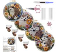 Meecaa 4P Embroidery Kit Starter Set, Hedgehog Flower Animal Hand Embroidery Set, Pattern Printed Cross Stitch Set for Beginner Adults, with Embroidery Hoop and Instructions (Hedgehog)