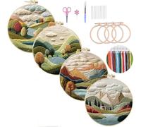 Meecaa 4P Embroidery Kit Starter Set, Lake Mountain Landscape Tree Hand Embroidery Set, Pattern Printed Cross Stitch Set for Beginner Adults, with Embroidery Hoop and Instructions (Lake)