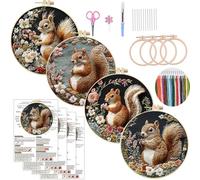 Meecaa 4P Embroidery Kit Starter Set, Squirrel Flower Animal Hand Embroidery Set, Pattern Printed Cross Stitch Set for Beginner Adults, with Embroidery Hoop and Instructions (Squirrel)