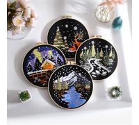 Meecaa 4P Embroidery Kit Starter Set, Tree Snowflakes Snow Mountain Deer Hand Embroidery Set, Pattern Printed Cross Stitch Set for Beginner Adults, with Embroidery Hoop and Instructions (Christmas)