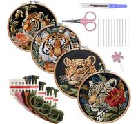 Meecaa 4P Leopard Tiger Flower Animal Embroidery Kit Starter Set, Hand Embroidery Set,Pattern Printed Cross Stitch Set for Beginner Adults, with Embroidery Hoop and Instructions (Leopard)