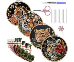 Meecaa 4P Leopard Tiger Flower Animal Embroidery Kit Starter Set, Hand Embroidery Set,Pattern Printed Cross Stitch Set for Beginner Adults, with Embroidery Hoop and Instructions (Leopard)