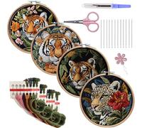 Meecaa 4P Tiger Leopard Flower Animal Embroidery Kit Starter Set, Hand Embroidery Set,Pattern Printed Cross Stitch Set for Beginner Adults, with Embroidery Hoop and Instructions (Tiger 2)