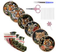 Meecaa 6P Tiger Flower Animal Leopard Embroidery Kit Starter Set, Hand Embroidery Set,Pattern Printed Cross Stitch Set for Beginner Adults, with Embroidery Hoop and Instructions (Tiger)
