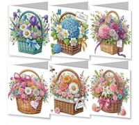 Meecaa 6pcs DIY Diamond Art Christmas Cards Kits Flowers Basket Bee 5D Crystal Art Card with Envelopes, Postcards for Handmade, Diamond Painting Cards Sets, 15 * 30cm (Flower)