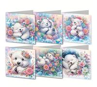 Meecaa Bear Animal Flower 6pcs Handmade 5D Diamond Painting Happy Birthday Cards with Envelopes, DIY Diamond Art Postcards for Friends Family Lover Gift (15CMx30CM) (Little Bear)