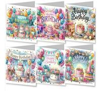 Meecaa Cake Balloon Happy Birthday 6pcs Handmade 5D Diamond Painting Happy Birthday Cards with Envelopes, DIY Diamond Art Postcards for Friends Family Lover Gift (15CMx30CM) (Happy)