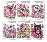 Meecaa Cat Butterfly Flower Animal 6pcs Handmade 5D Diamond Painting Happy Birthday Cards with Envelopes, DIY Diamond Art Postcards for Friends Family Lover Gift (15CMx30CM) (Cat)