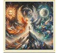 Meecaa Cross Stitch Kits 11 Count Stamped, Phoenix Sun Moon Girl Embroidery Kit with Accessories Pre Printed (36CMx36CM) (Phoenix)