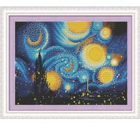 Meecaa Cross Stitch Kits 11 Count Stamped, Starry Sky Moon Landscape Van Gogh Embroidery Kit with Accessories Pre Printed (36CMx46CM) (Starry Sky)