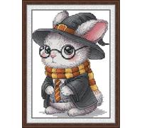Meecaa Cross Stitch Kits 14 Count Stamped, Animal Bunny Hat Glasses Embroidery Kit with Accessories Pre Printed（17×22CM (Animal)