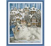 Meecaa Cross Stitch Kits 14 Count Stamped, Cat Animal Winter Snow Castle Embroidery Kit with Accessories Pre Printed（47×57CM (Cat)