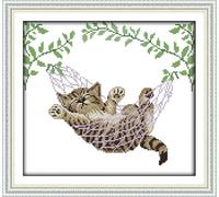 Meecaa Cross Stitch Kits 14 Count Stamped, Hanging Basket Cat Animals Embroidery Kit with Accessories Pre Printed（32×30CM (Hanging Basket Cat)