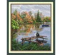 Meecaa Cross Stitch Kits 14 Count Stamped, Landscape Cat Lake Animal Embroidery Kit with Accessories Pre Printed（51×59CM (Landscape)