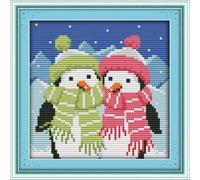 Meecaa Cross Stitch Kits 14 Count Stamped, Penguin Lovers Animals Embroidery Kit with Accessories Pre Printed（18×18CM (Penguin)