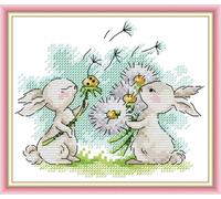Meecaa Cross Stitch Kits 14 Count Stamped, Rabbit Dandelion Animal Embroidery Kit with Accessories Pre Printed（18×16CM (Bunny)