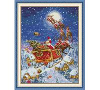 Meecaa Cross Stitch Kits 14 Count Stamped, Santa Carriage Elk Moon Embroidery Kit with Accessories Pre Printed(46×59CM (Santa Claus)