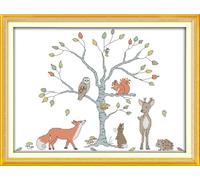 Meecaa Cross Stitch Kits 14 Count Stamped, Squirrel Fox Rabbit Owl Deer Animal Embroidery Kit with Accessories Pre Printed（38×30CM (Peace Tree)