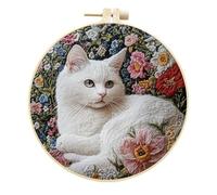 Meecaa Embroidery Kit Starter Set, White Cat Animal Flower Beautiful Hand Embroidery Set, Pattern Printed Cross Stitch Set for Beginner Adults, with Embroidery Hoop and Instructions (White Cat 2)