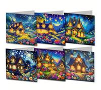 Meecaa House Night View Landscape Moon 6pcs Handmade 5D Diamond Painting Happy Birthday Cards with Envelopes, DIY Diamond Art Postcards for Friends Family Lover Gift (15CMx30CM) (House)