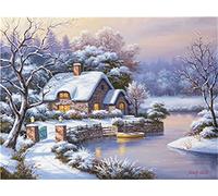 Meecaa Paint by Numbers Snow Creek Tree Winter House Light Kit for Adults Beginner DIY Oil Painting 16x20 inch (Snow Scene, No Frame)
