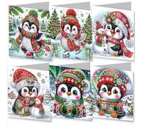 Meecaa Penguin Snowman Animal 6pcs Handmade 5D Diamond Painting Christmas Greeting Cards for Adults, DIY Diamond Art Postcards for Friends Family Lover Gift (15CMx30CM) (Penguin)
