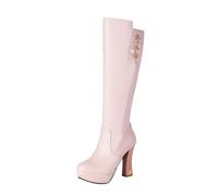 MEECHI 2025 New Knee-High Boots With Flowers Women's PU Leather Long Shaft Boots With Block Heel Warm Snowboots With Zipper Women's Platform High Heels For Winter(Pink,5.5 UK)