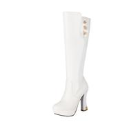 MEECHI 2025 New Knee-High Boots With Flowers Women's PU Leather Long Shaft Boots With Block Heel Warm Snowboots With Zipper Women's Platform High Heels For Winter(White,3.5 UK)