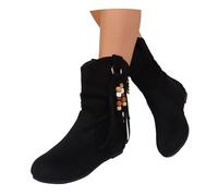 MEECHI Ankle Boots With Pearl Fringes Women's Suede Western Cowboy Boots Warm Plush Lined Booties Wedge Heel Wide Tube Slip-on Shoes For Autumn, Winter(Black,6.5 UK)