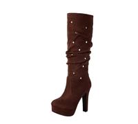 MEECHI Ankle Boots With Rivets Women's Traditional Slip-on Boots Retro Suede Long Boot With Block Heels Autumn Winter Warm Snow Boot Platform High Heels For Outdoor, Party 36-43 EU(Brown,6.5 UK)