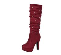 MEECHI Ankle Boots With Rivets Women's Traditional Slip-on Boots Retro Suede Long Boot With Block Heels Autumn Winter Warm Snow Boot Platform High Heels For Outdoor, Party 36-43 EU(Red,6 UK)