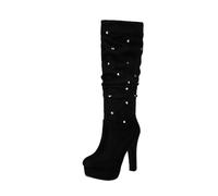 MEECHI Ankle Boots With Rivets Women's Traditional Slip-on Boots Retro Suede Long Boot With Block Heels Autumn Winter Warm Snow Boot Platform High Heels For Outdoor, Party 36-43 EU(Black,6 UK)